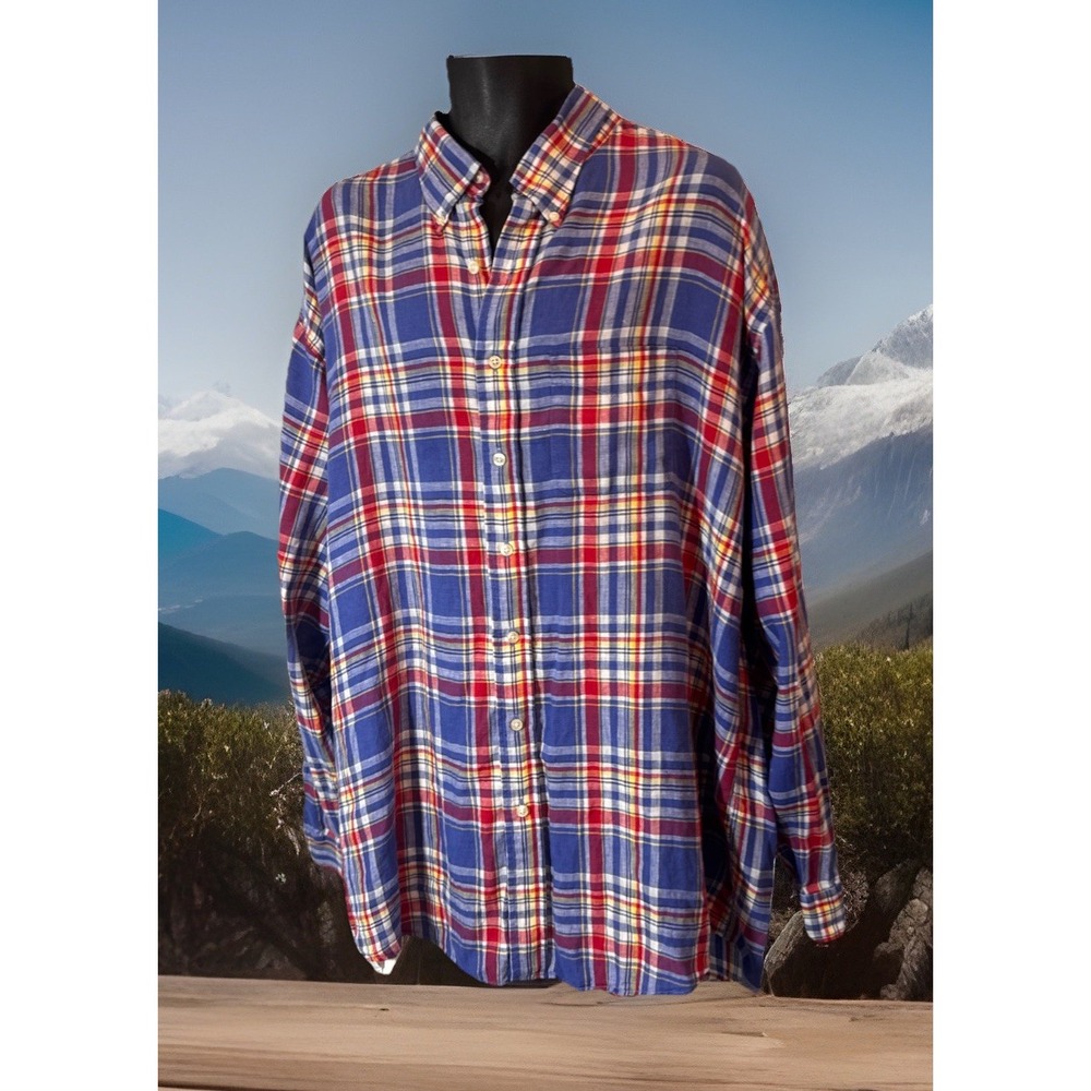 Overton Men's 2XL Linen Plaid Button-Up Shirt – Red & Blue
